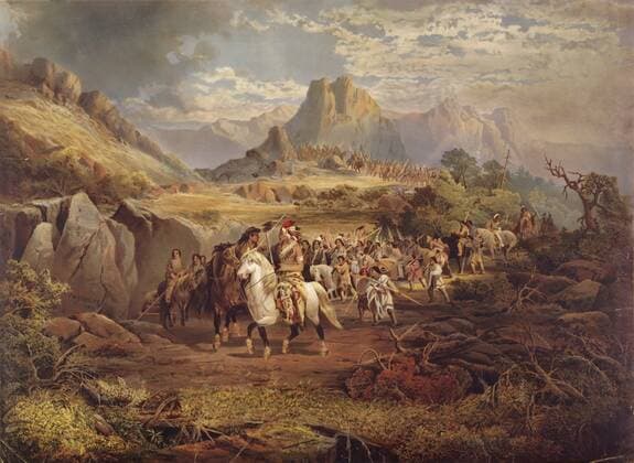 On The War Path - print in the Congress Library - original painting by Charles Marion Russell - the original was painted in 1895 Â UnitedArchives00125853 