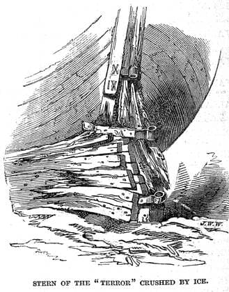 Illustration of the stern of HMS Terror after being crushed by ice during the fateful Sir John Franklin expedition to the Artic 1848 UnitedArchives00156826 
