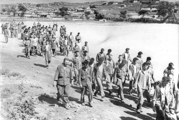 Korea-Krieg 1950-1953 - Aufnahmedaten geschätzt American Prisoners of War in North Korea, Pyongyang 28th September 1950 UnitedArchives00193163 