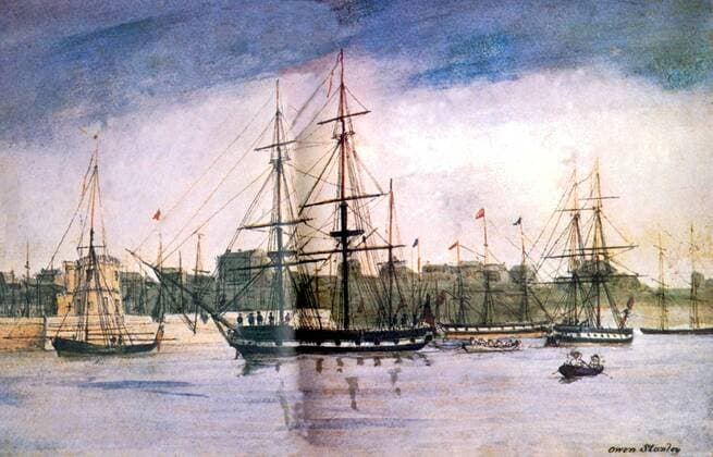 Charles Darwin, The Beagle at Sydney Harbour by Owen Stanley. A small ten-ton brig, she nevertheless has to accomodate seventy-four people and was fitted out at great expense with mahogany furnishings. UnitedArchives00551352 