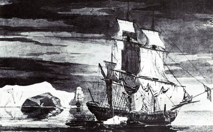 The Adventure (in the foreground) and the Resolution taking on ice to be melted for drinking water. The location is latitude 61 degrees south of the Equator, during Cook s first venture in to the Antarctic. Watercolour by William Hodges. UnitedArchives00803322 