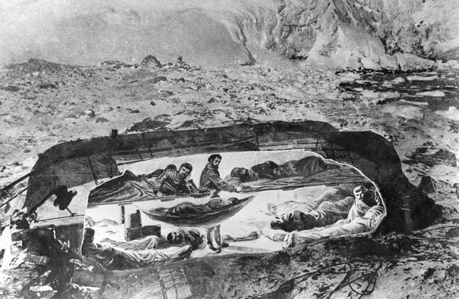 The 1914 - 1916 Endurance expedition to the Antarctic led by Shackleton. The two upturned boats that formed the Snuggery or the Sty . View of interior of hut on Elephant Island. Composite of photograph and drawing by George Marston. Inside measurements: 18 feet by 9 feet by 5 feet at its highest point. Twenty-two men lived in this hut for four and a half months. UnitedArchives00824037 