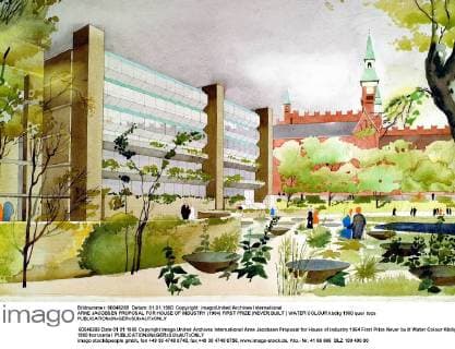 Architektur von Arne Jacobsen ARNE JACOBSEN PROPOSAL FOR HOUSE OF INDUSTRY (1964) FIRST PRIZE (NEVER BUILT ) WATER COLOUR UnitedArchives00849954 
