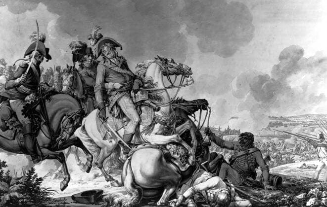 The death of General Desaix at the Battle of Marengo, 14 June 1800, while leading the counter-attack that saved Bonaparte from defeat. Wash painting by Jacques Francois Fontaine called Swebach. Copyright Reserved. UnitedArchives00902453 