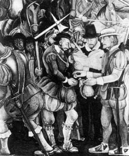 Hernan Cortes, possibly collecting taxes, by 20th century Mexican artist Diego Rivera UnitedArchives00904581 