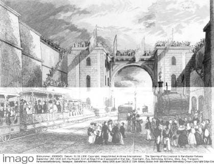 IMAGO History, Die Geburt des Eisenbahnverkehrs: 1802-1830 The Opening of the Liverpool & Manchester Railway September 15th 1830 with the Moorish Arch at Edge Hill as it appeared on that day , Eisenbahn, Zug, Bahnsteig, Schiene, Gleis, Zug, Transport, Personenbeförderung, Passagier, Bahnfahrer, bahnfahren, UnitedArchives00924129