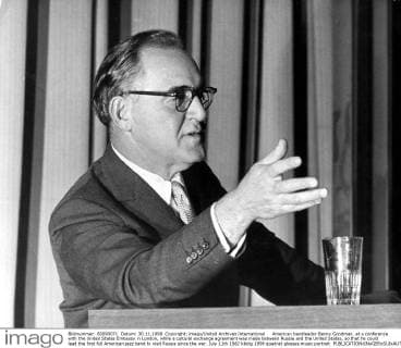 American bandleader Benny Goodman, at a conference with the United States Embassy in London, while a cultural exchange agreement was made between Russia and the United States, so that he could lead the first full American jazz band to visit Russia since the war. July 11th 1962 UnitedArchives00926054 