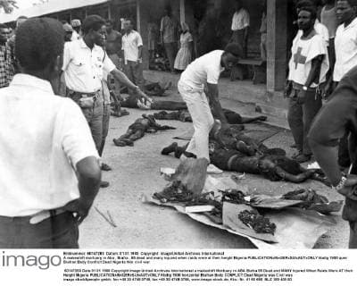 A makeshift mortuary in Aba , Biafra . 85 dead and many injured when raids were at their height Nigeria  UnitedArchives00941287