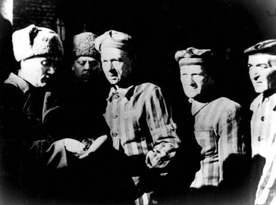 Some inmates of he Auschwitz camp talking with some Red Army Officers after liberation in January 1945, Befreiung, KZ, Konzentrationslager, Konzentrationslager, KZ  UnitedArchives01005968