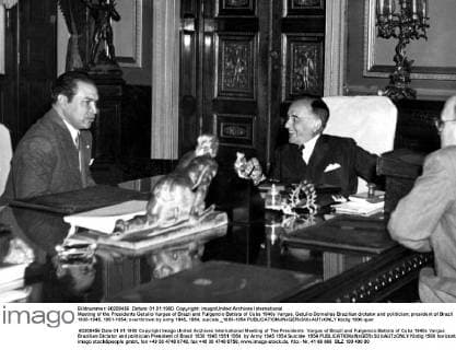 Meeting of the Presidents Getulio Vargas of Brazil and Fulgencio Batista of Cuba 1940s Vargas, Getulio Dornelles Brazilian dictator and politician; president of Brazil 1930-1945, 1951-1954; overthrown by army 1945, 1954; suicide _1883-1954  UnitedArchives01012786