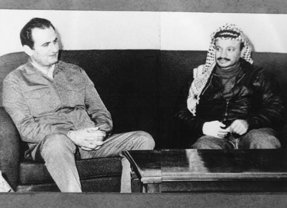 YASSER ARAFAT (Pseudonya of Mohammed Abed Ar ouf Arafat) Palestian resistance leader. President Central Committee of Al Fatah. Pictured with Syrian Baath Party Leader, Lt. Gen. Saleh Jadid Damascus, Syria - 27 February 1969 Â  UnitedArchives01014632