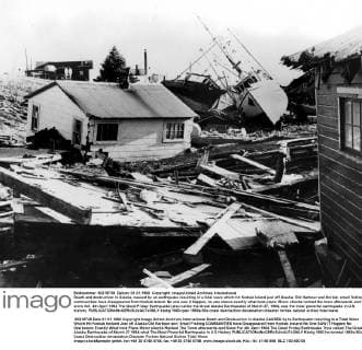 Death and destruction in Alaska, caused by an earthquake resulting in a tidal wave which hit Kodiak Island just off Alaska. Old Harbour and Korluk, small fishing communities have disappeared from Kodiak Island. No one saw it happen, no one knows exactly what took place. Minor shocks rocked the town afterwards and snow fell. 4th April 1964 The Good Friday Earthquake (also called the Great Alaska Earthquake) of March 27, 1964, was the most powerful earthquake in U.S. history.  UnitedArchives01018013