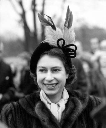 Princess Elizabeth wearing a hat with sprightly feathers and a balancing bow at the New Town Crawley Sussex 25 January 1950  UnitedArchives01027693