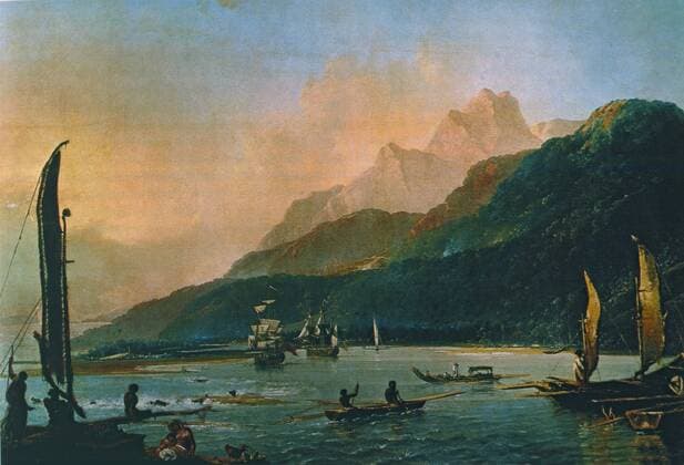 Resolution and Adventure at anchor in Matavai Bay in Tahiti Painting by William Hodges William Hodges (October 28, 1744 - March 6, 1797) was a British painter. He was a member of James Cook s second voyage to the Pacific Ocean, and is best known for the sketches and paintings of locations he visited on that voyage, including Table Bay, Tahiti, Easter Island, and the Antarctic. Â  UnitedArchives01027812