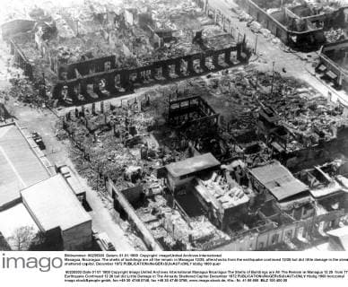 Managua, Nicaragua: The shells of buildings are all the remain in Managua 12 25. aftershocks from the earthquake continued 12 26 but did little damage in the already shattered capital. December 1972  UnitedArchives01031361