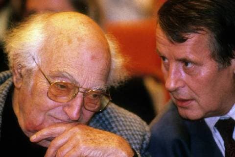 Schriftsteller Stefan Heym (li.) und Lothar Bisky - PDS Parteitag 1995