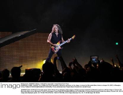 SHANGHAI, CHINA - AUGUST 14: (CHINA OUT) Kirk Hammett of Metallica performs on the stage in concert at Mercedes-Benz Arena on August 14, 2013 in Shanghai, China.  CFP1526