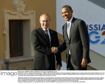 September 5, 2013. - Russia, Saint Petersburg. - Official welcome of G20 leaders by Russian President Vladimir Putin. In picture: Russian President Vladimir Putin and President of the United States of America Barack Obama (right). AleksanderxNikolaev 