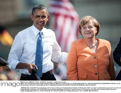 Berlin, der US-amerikanische Präsident Barack Obama am Mittwoch (19.06.13) am vor dem Brandenburger Tor, neben Bundeskanzlerin Angela Merkel.