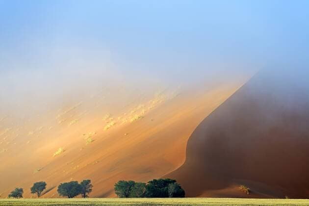 Duene im Morgennebel, Namibia, Namib Naukluft Nationalpark, Sossusvlei dune in morning mist, Namibia, Namib Naukluft National Park, Sossusvlei BLWS349864