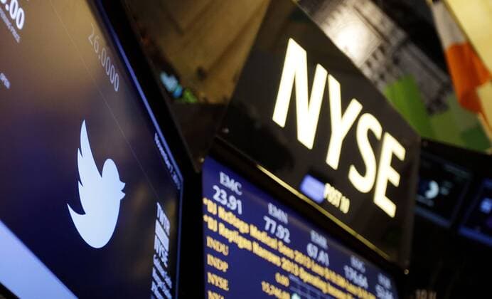 The Twitter and NYSE logos are present all over the NYSE before shares of Twitter are traded for the first time at the Twitter IPO at the New York Stock Exchange on Wall Street In New York City on November 7, 2013. The NYSE Euronext staged a first-ever weekend test for the initial public offer two weeks ago to avoid reprising the problems with rival Nasdaq s systems that delayed timely orders and ruined Facebook s debut on Wall Street.  NYP20131107123