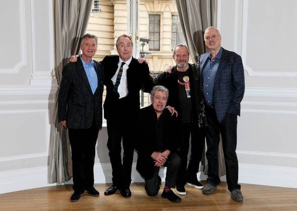 L-R The remaining members of Monty Python Michael Palin,Eric Idle,Terry Jones,Carol Cleveland,Terry Gilliam and John Cleese attend a photocall to publicise a new tour at the Corinthia Hotel in London, Thursday November 21 2013.  LON2013112106