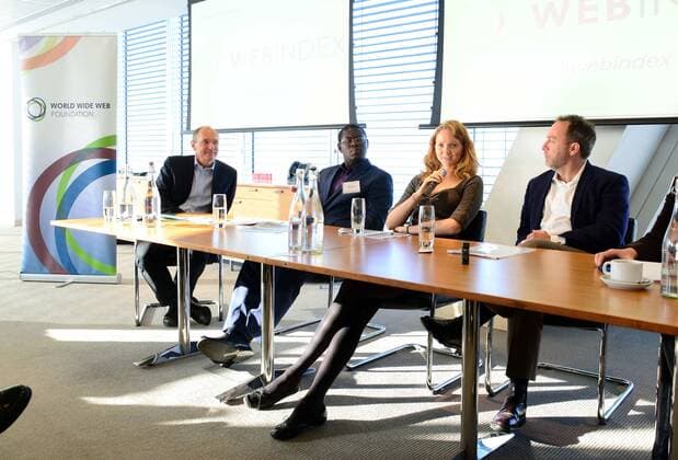 (L-R) Sir Tim Berners-Lee, Bright Simons, Lily Cole, , Jimmy Wales attends the Launch of Web Index 2013. London, United Kingdom. Friday, 22nd November 2013. The world s first multi-dimensional measure of the web s use, utility and impact on people and nations. Picture by Nils Jorgensen i-Images NilsxJorgensenx xi-Images  IIM-0901-0017