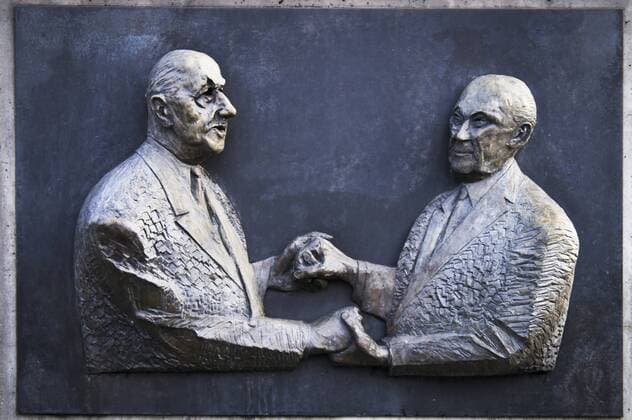 Memorial plaque depicting French president Charles de Gaulle (left) and German Chancellor Konrad Adenauer, commemorating signing of the German-French treaty in the Elysee palace in Paris on January 22, 1963, in front of The Konrad-Adenauer-Stiftung (Konrad Adenauer Foundation) in Berlin, Germany, January 18, 2014 (CTKxPhoto xLiborxSojka) CTKPhotoF201401310459201 