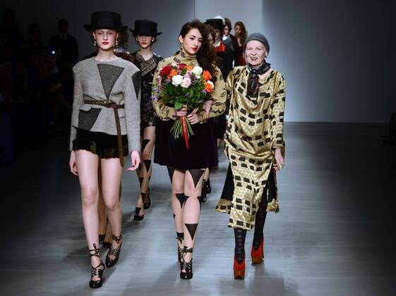 Designer Vivienne Westwood at the end of her show at London Fashion Week A W 2014, Sunday, 16th February 2014. Picture by Stephen Lock i-Images StephenxLockx xi-Images  IIM-1569-0004