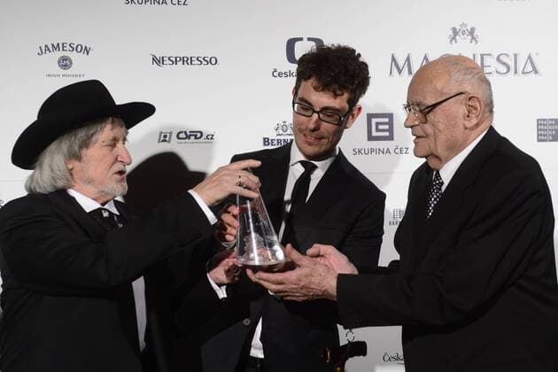 Stepan Hulik (middle), screenwriter of the Burning Bush (Horici Ker) movie poses with annual award Czech Lion for the best screenplay with directors Juraj Jakubisko (left) and Vaclav Vorlicek in Prague, Czech Republic on February 22, 2014. Burning Bush is a 2013 three-part mini-series created for HBO by Polish director Agnieszka Holland. (CTKxPhoto MichalxKamaryt) CTKPhotoP201402220872401  _KMT3669