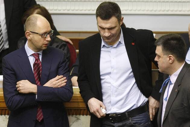 ITAR-TASS: KIEV, UKRAINE. FEBRUARY 26, 2014. Arseny Yatsenyuk, the leader of the Batkivshchina faction, Vitali Klitschko, the leader of the UDAR party and Freedom Party leader Oleg Tyagnibok (L-R) attend a sitting of Ukraineâ€™s Verkhovna Rada, or national parliament, in Kyiv.  RE13B247
