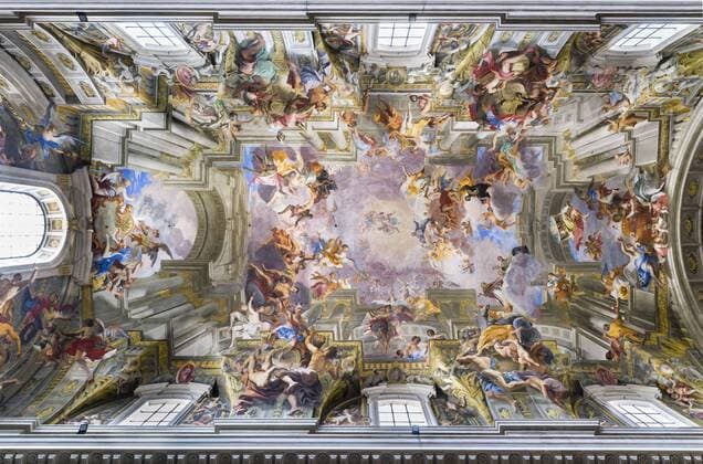 Barockes scheinillusionistisches Deckenfresko, Triumph von St. Ignatius Loyola, Eingang ins Paradies, Apotheose des Hl. Ignatius, Verherrlichung des heiligen Ignatius, von Andrea Pozzo, Kirche Sant Ignazio di Loyola, Rom, Italien, Europa ibljun03868702.jpg