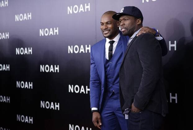 Tyson Beckford and 50 Cent arrive on the red carpet at the New York Premiere of Noah at the Ziegfeld Theatre in New York City on March 26, 2014.  NYP20140326123