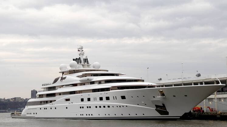 The M Y Topaz Yacht is docked in the Hudson River on the west side of Manhattan in New York City on April 22, 2014. M Y Topaz is a luxury motor yacht constructed by Lurssen in Bremen, Germany. The yacht s interior was designed by Terence Disdale Design and the exterior designed by Tim Heywood. The boat was launched in May 2012.  NYP20140422127