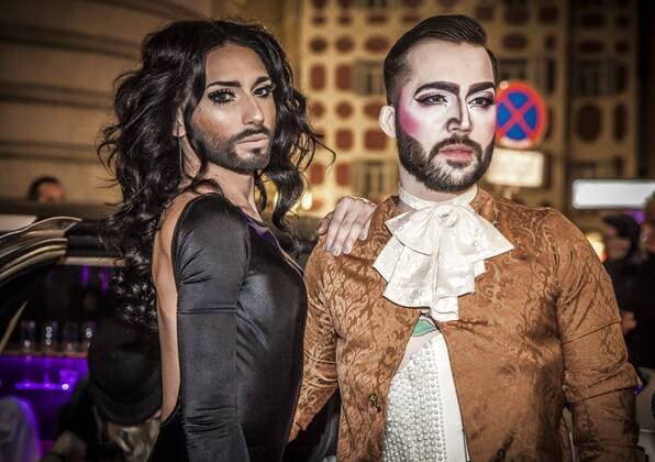 22.02.2014, Congress, Graz, AUT, Conchita Wurst, im Bild der Sieger des Eurovision Song Contest 2014 Conchita Wurst alias Tom Neuwirth with Jaques Patriaque The winner of the Eurovision Songcontest 2014, Conchita Wurst with Jaques Patriaque during the Gay-Ball called Tuntenball 2014 in the Congress, Graz, Austria on 2014 02 22, ,  EP_ies E