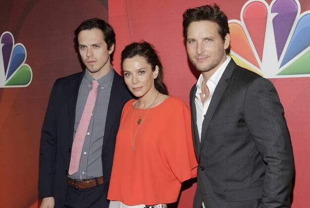 Jake Robinson, Anna Friel and Peter Facinelli arrive on the red carpet at NBC s Upfront Presentation at the Jacob Javitz Center in New York City on May 12, 2014.  NYP20140512169