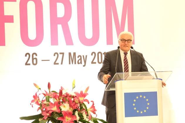 SARAJEVO, May 26, 2014 - German Foreign Minister Frank-Walter Steinmeier speaks at a forum in Sarajevo, Bosnia and Herzegovina, on May 26, 2014. The forum, named Prosperity and Jobs in Bosnian and Herzegovina, was organized by EU Delegation to Bosnia and Herzegovina. (Xinhua Haris Memija) BOSNIA AND HERZEGOVINA-SARAJEVO-GERMAN FOREIGN MINISTER 