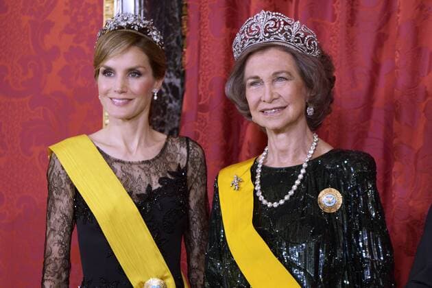 Prinzessin Letizia von Spanien und Königin Sofia von Spanien vor dem Gala-Dinner zu Ehren des mexikanischen Präsidenten Enrique Pena Nieto im Palacio Real. Madrid, 09.06.2014