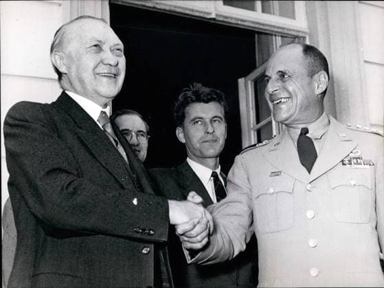 Jun. 06, 1953 - General Ridgway says good-by to Europe: General Matthew Ridgeway, NATO Commander, who is to take over the duties as US Chief of Staff, Bid farewell to Dr. Konrad Adenauer, West Germany s Chancellor, at Bonn, West Germany Yesterday. Picture Shows: Dr. Konrad Adenauer and (right) General Ridgway.  - ZUMAk09