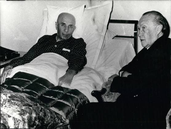 Jan. 01, 1960 - Visit at the sick bed of Jakob Kaiser. During his stay in Berlin, Chancellor Dr. Konrad Adenauer on Jan 12th, 1960 visited the former Minister for all German Problems, Jakob Kaiser in his home in Berlin Dahlem. Jakob Kaiser still suffers from an heart attack he had in January 1957 when he was still minister. Dr. Adenauer stayed with Kaiser for nearly an hour and had talks with him about political and private matters.  - ZUMAk09
