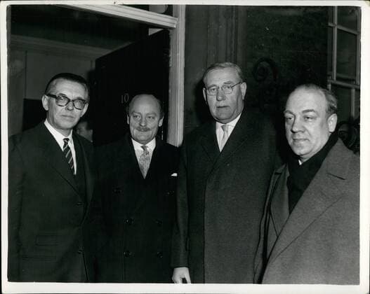 Feb. 02, 1960 - Chairman of the West German Christian Democrat Party visits Mr. Macmillan: Dr. Heinrich Krone, Chairman of the West German Christian Democrat Party, and Dr. Kurt Birrenbach, a West German M.P who are on a four day visit to this country, went to No.10 Downing street this evening accompanied by the German Ambassador to pay courtesy visit to Mr.Macmillan. It is expected that they will discuss the question of West Germany s negotiations for military bases in Spain. Photo shows (seen on their arrival at No.10 Downing Street this evening are (L to R) Herr Von Herwarth, the German Ambassador. Mr.Pope, Secretary at the British Embassy Kurt Birrenbach.  - ZUMAk09