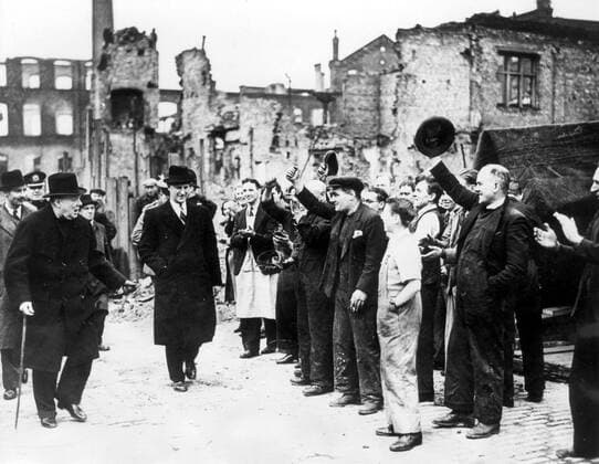 Jan. 21, 1941 - London, England, U.K. - Britain s war leader, WINSTON CHURCHILL was uniquely stirred by the challenge of war and found his fulfillment in leading the democracies to victory. It was to prove more important that as a democrat, he was disgusted by the rise of totalitarian systems in Europe. PICTURED: Churchill (left) inspecting the damage after German air force strike. London United Kingdom  - ZUMAk09