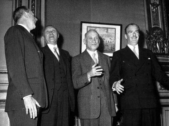 Nov. 22, 1951 - Bonn, Germany - Dr. KONRAD ADENAUER (1876-1967) was a German statesman who served as Foreign Minister and Chancellor of Germany. PICTURED: American Secretary of State DEAN ACHESON, Adenauer, French Secretary of State ROBERT SCHUMAN and British Secretary of State ANTHONY EDEN. Bonn Germany  - ZUMAk09