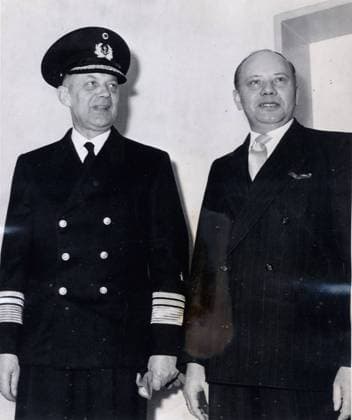 Mar 03, 1956 - Bonn, Germany - THEODOR BLANK (R) announces that FRIEDRICH RUGE will be the new Chief of the German Navy.. Bonn Germany  - ZUMAk09