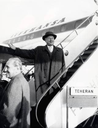 Sep 12, 1956 - Tehran, Iran - Professor HERR SEEBOHM exits the newly built German Lufthansa maiden flight to Tehran.. Tehran Iran  - ZUMAk09