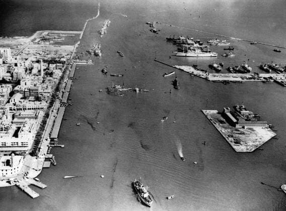 Nov. 19, 1956 - Port Said, Egypt - Suez Crisis also called Suez-Sinai War was the Israel-Egypt encounter at the end of October and the beginning of November 1956, which resulted in the route of a substantial part of the Egyptian army and Israel s seizure of the Sinai Peninsula, brought to a head the tension that had been simmering in Arab-Israeli relations for several years. PICTURED: Aerial view of the Suez Channel during the crisis. Port Said Egypt  - ZUMAk09