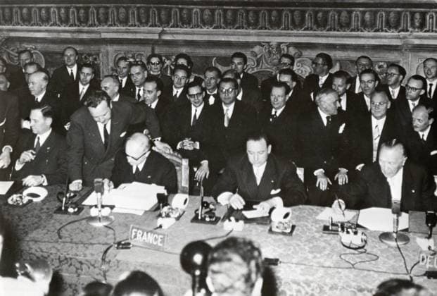 Mar. 25, 1957 - Rome, Italy - Signing of Treaty of Rome. Signed by France, West Germany, Italy and Benelux (Belgium, the Netherlands and Luxembourg) on March 25, 1957, Treaty of Rome established the European Economic Community (EEC), an independent supranational economic organization. French Secretary of State CHRISTIAN PINEAU, secretary to French foreign minister MAURICE FAURE and KONRAD ADENAUER. Rome Italy  - ZUMAk09