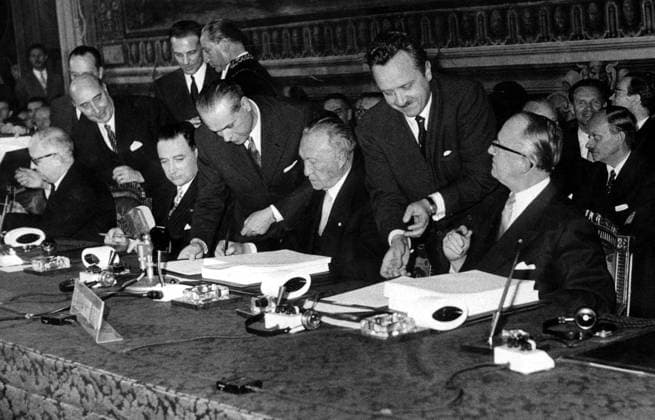 Mar. 25, 1957 - Rome, Italy - Signing of Treaty of Rome. Signed by France, West Germany, Italy and Benelux (Belgium, the Netherlands and Luxembourg), Treaty of Rome established the European Economic Community (EEC), an independent supranational economic organization. KONRAD ADENAUER (middle) and first president of EWG, WALTER HALLSTEIN. Rome Italy  - ZUMAk09