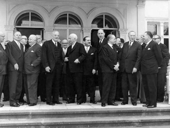 May 2, 1957 - Bonn, Germany - The family picture from the NATO conference at Bonn. (From L-R) The British Minister SELWYN LLOYD, the Luxemburg Minister JOSEPH BECH, the American minister JOHN FOSTER DULLES, the German State secretary HALLSTEIN, the Bundespaesident THEODOR HEUSS, the Greece minister E. AVEROFF TOSITSAS, the Netherlands minister J.M.A. LUNS, the Italian minister GAETANO MARTINO, the Chancellor KONRAD ADENAUER, the Canadian minister L. PEARSON and the German minister HEINRICH v. BRENTANO. Bonn Germany  - ZUMAk09