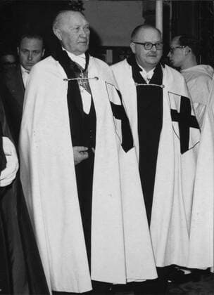 Mar. 10, 1958 - Cologne, Germany - West Germany s first chancellor KONRAD ADENAUER began his career in politics as a member of the Cologne City Council, becoming lord mayor of the city. Adenauer was elected Chancellor of the Federal Republic of Germany on 15 September 1949. PICTURED: KONRAD ADENAUER after his investiture to a honor knight, next to him Austrian chancellor JULIUS RAAB. Cologne Germany  - ZUMAk09